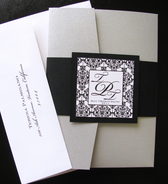 Hochzeit - DIY Black and White Damask Pocket Folder Wedding Invitation