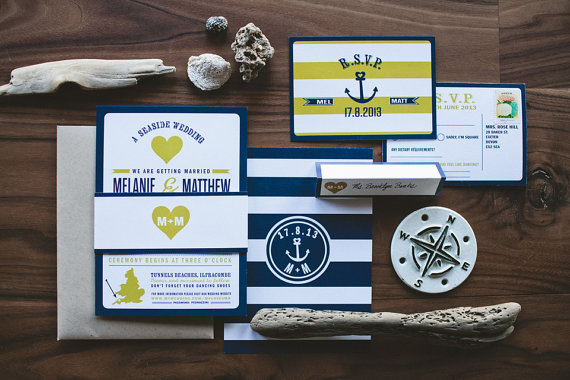 Hochzeit - Nautical Anchor Wedding Invitation : Navy and Gold