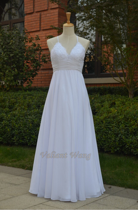 Hochzeit - Open Back Cross Straps White Lace Flow Chiffon Wedding Dress Wedding Gown Empire Waist V Neckline Spaghetti Dress