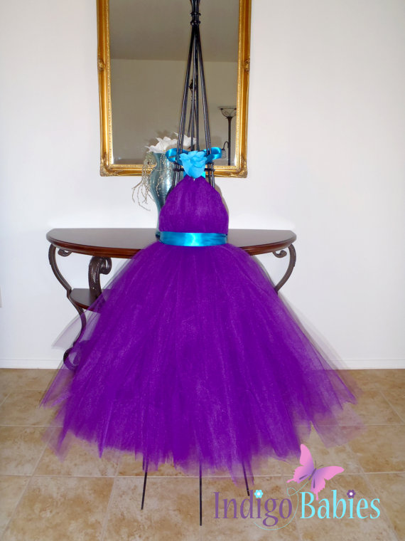 Mariage - Tutu Dress, Flower Girl Dress, Plum Tulle, Turquoise Ribbon, Blue Rose, Fabric Flower, Portrait Dress, Wedding Flower Girl Dress