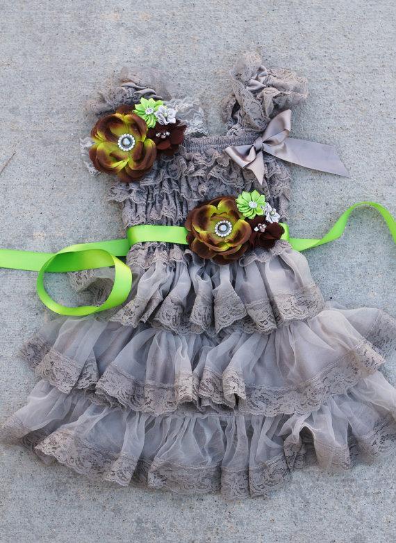 Mariage - grey green brown dress sash headband SET,girl photo outfit,baby dress,Flower girl dress,1st Birthday outfit, girls photo outfit