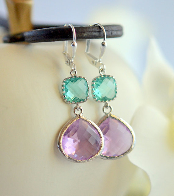 Mariage - Bridesmaid Earrings in Lavender and Tea. Jewel Dangle Earrings in Silver.  Jewelry Gift. Wedding. Bridesmaid Earrings. Bridal. Dangle. Drop.