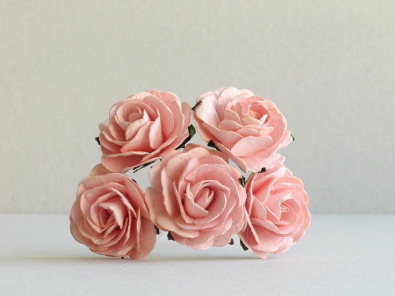 Mariage - 35mm Pale Pink Paper Flowers (5pcs) - Mulberry paper roses with wire stems - Ideal for wedding decoration [124]
