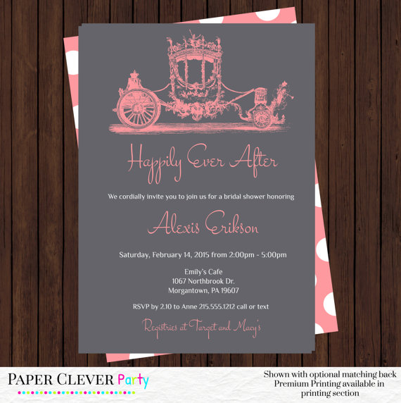 Hochzeit - Fairy tale bridal shower invitations - coral wedding shower invites vintage horse and carriage printed or printable digital file