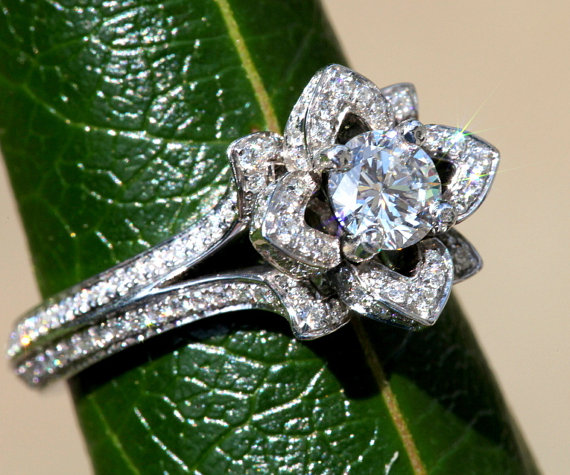 زفاف - UNIQUE Flower Rose Diamond Engagement Ring - blooming - 2 rows - 2.00 carat - 14K white, yellow or rose gold -  fL05