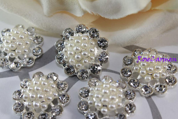 زفاف - 5 Pearl Cluster Flatback Rhinestone Silverplate Round Metal Craft Buttons Wedding Bouquet Invitation Clear Crystal DIY Supplies