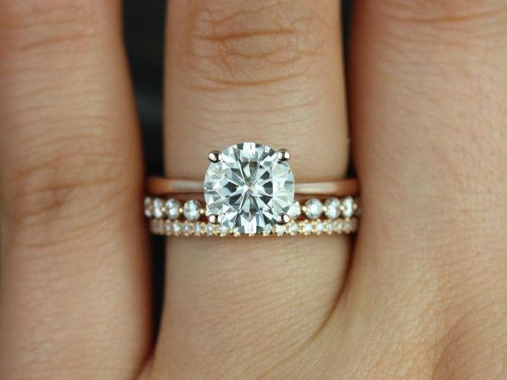 Hochzeit - Skinny Flora 8mm, Petite Bubble Breathe, & Kimberly 14kt FB Moissanite And Diamonds Wedding Set (Other Metals And Stone Options Available)