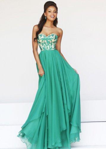 Hochzeit - Emerald Embroidered Chiffon Bodice Strapless Cocktail Dress