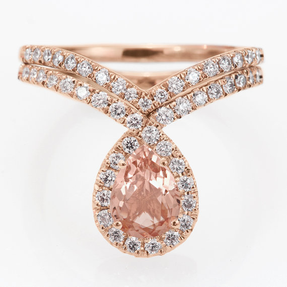 Wedding - Moganite & Diamonds Engagement Rings Set, "Bliss" Pear Shape Wedding Rings Set, Unique Gemstone Engagement ring.