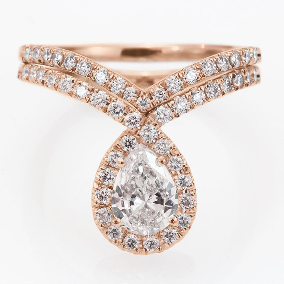 Wedding - Pear shaped engagement ring set, wedding ring sets - pear shaped diamond engagement ring set HANDMADE by Silly Shiny Diamodns