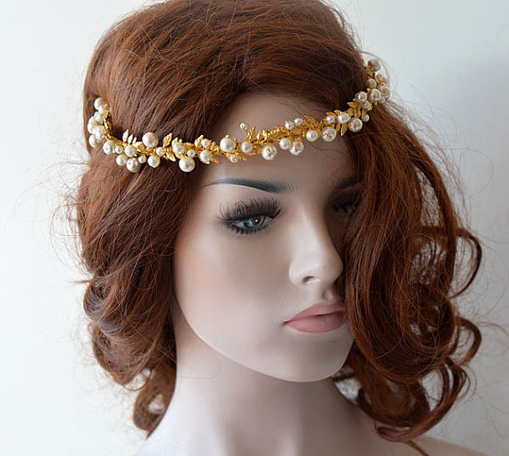 Wedding - Gold Bridal Headband, Gold and Pearl Wedding Crown, Bridal Hair Accessory, Wedding hair Accessory, Gold Leaf Headband