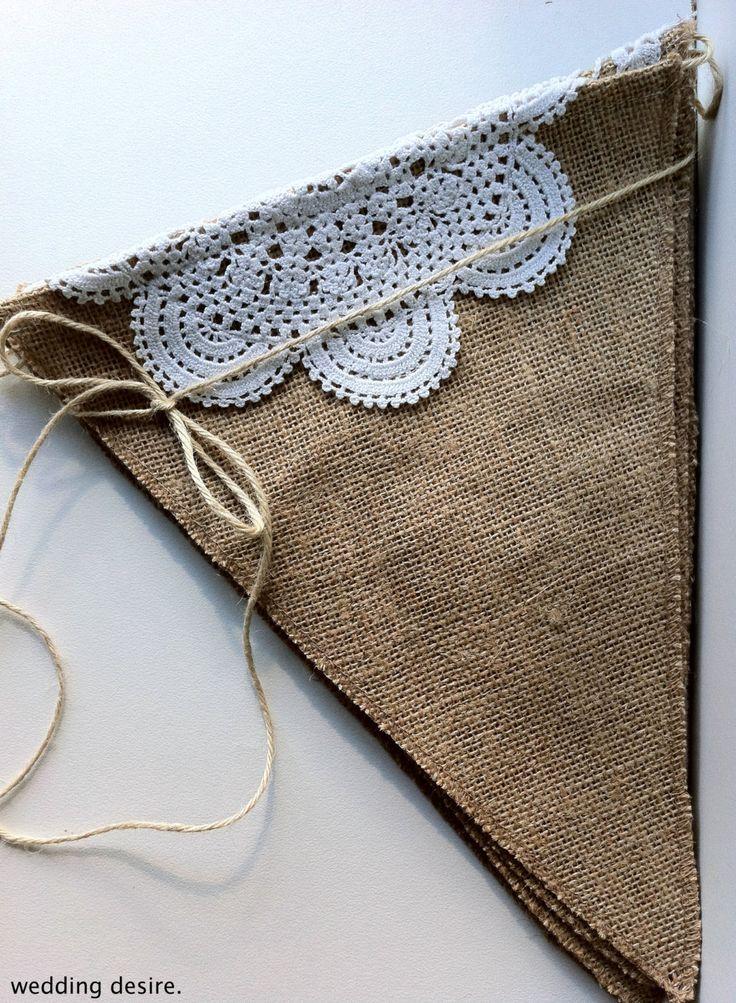 Mariage - WEDDING Hessian/Burlap Triangle Doily BUNTING Genuine VINTAGE Doilies Measures 29cm X 23cm(top) With 80cm Jute At Each End