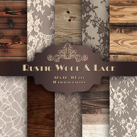 Wedding - Rustic Brown Wood & LACE Digital Paper Pack -Vintage wedding bridal wood and lace pattern backgrounds for scrapbooking, wedding invitations