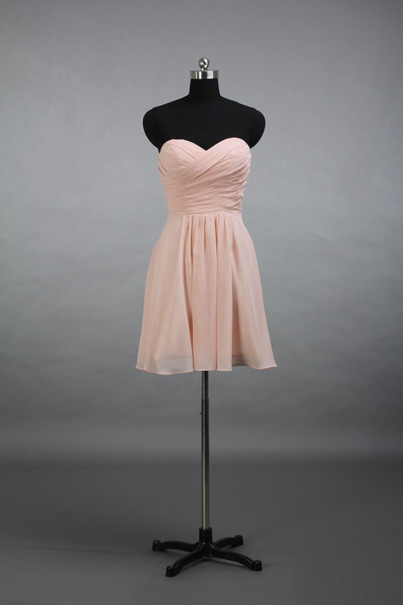 Hochzeit - Sweetheart Short Pearl Pink Bridesmaid Dress, A-line Short Chiffon Bridesmaid Dress