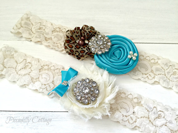 Mariage - Leopard and Turquoise Wedding Garter Set, Garter Set, Wedding Garters, Bridal Garter, Garters, Ivory Toss Garter, Lace Garters