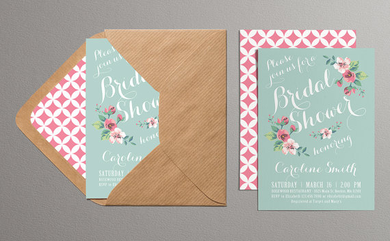 Hochzeit - Printable Bridal Shower Invitation (mint & pink) - Vintage Floral Invitation - Spring/Summer Bridal Shower