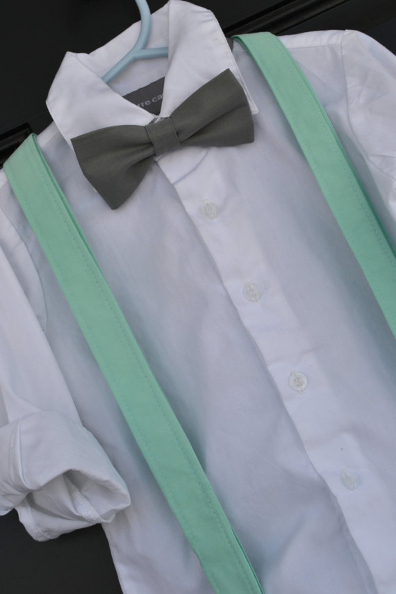 زفاف - Bowtie and Suspenders - Solid Grey Bowtie & Mint Suspender Set  for Baby / Toddler / Little Boy / Child - Braces for weddings, easter, photo