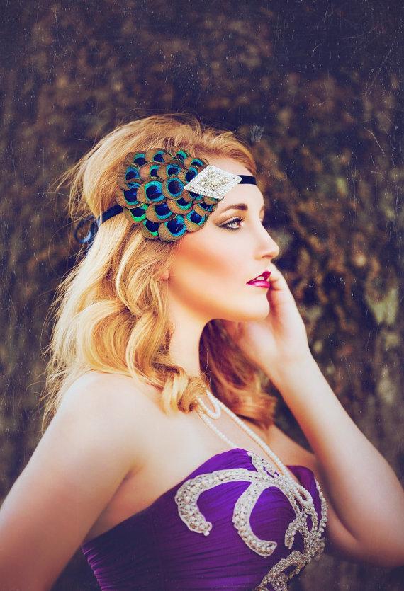 Свадьба - Silver Rhinestone Headpiece, 1920s Flapper Headband, Great Gatsby Headband 1920s Hair Accessories Wedding Silver Pearl Peacock Feathers