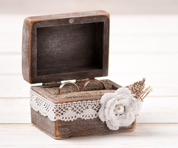 Wedding - Wedding Ring Box Ring Bearer Pillow Box with White Fabric Flower Wooden Engagement Ring Box Burlap and Lace Love Rustic Unique