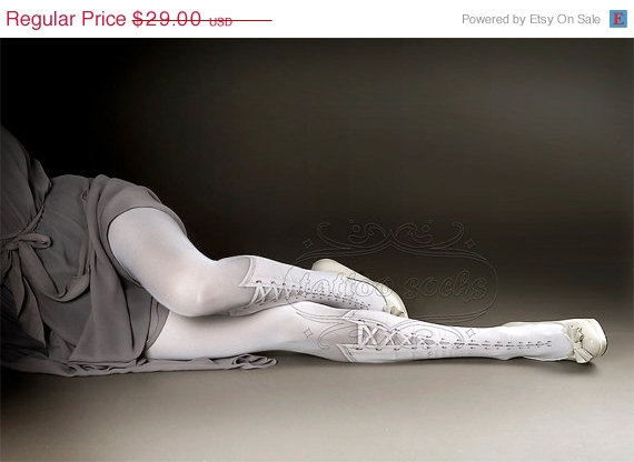 Wedding - SALE 25%OFF/ ends april 26 Tattoo Tights - Lolita Corset white one size full length printed closed toe tights pantyhose, tattoo socks, lace