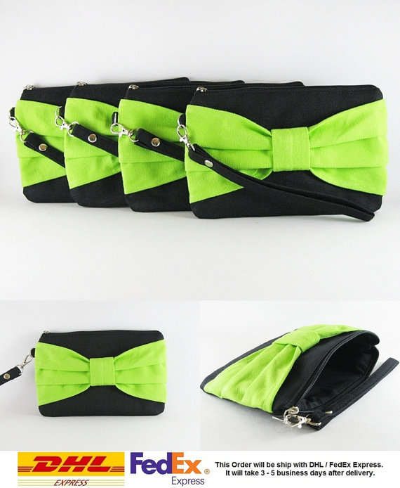 Mariage - SUPER SALE - Set of 6 Black with Lime Green Bow Clutches - Bridal Clutches,Bridesmaid Clutch,Bridesmaid Wristlet,Wedding Gift- Made To Order