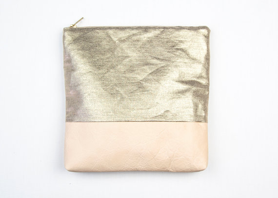 Wedding - ESSENTIAL Fold Clutch. Leather and Linen Clutch. Gold Linen Clutch. Gold Wedding Clutch