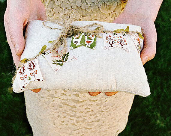 Wedding - Rustic Woodland Ring Bearer Pillow, Country Wedding Ring Pillow, Muslin, Cotton