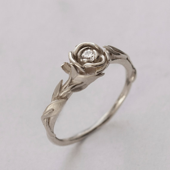 Wedding - Rose Engagement Ring No.2 - 14K White Gold and Diamond engagement ring, engagement ring, leaf ring, flower ring,art nouveau,vintage