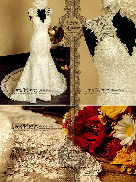 Mariage - Lace Wedding Dress Features Illusion Deep V-Cut Neckline and Key Hole Open Back with Scalloped Edges