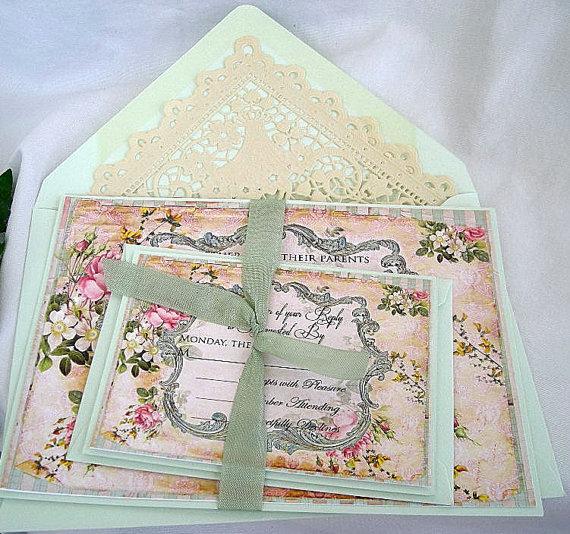 Свадьба - Wedding Invitation Vintage Frame, Mint Green and Rose Linen with Doily Paper Lace Envelope Shabby Chic Custom Any Color