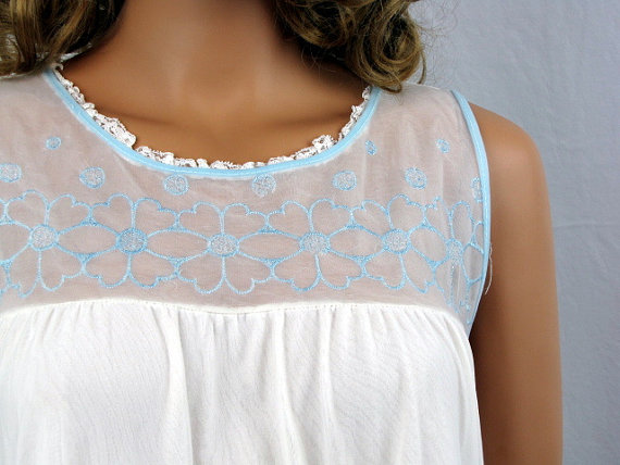 Hochzeit - Vintage White Nylon Nightie With Baby Blue Embroidery
