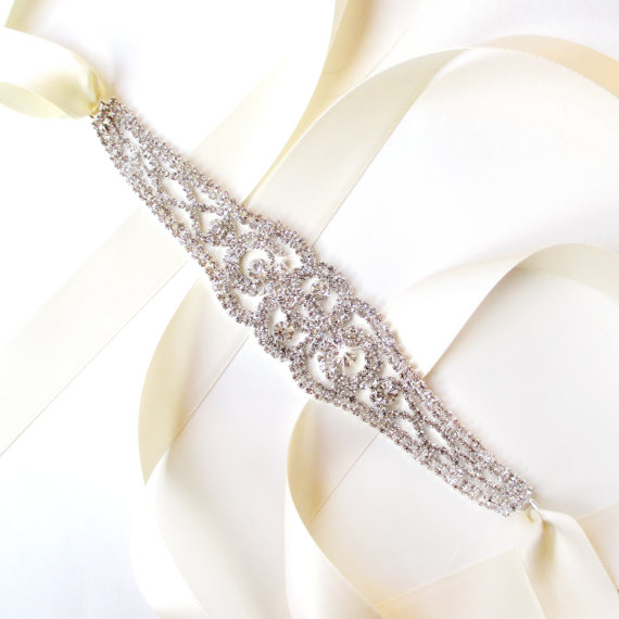 Hochzeit - Stunning Rhinestone Bridal Belt Sash or Headband - Custom Ribbon White Ivory Silver - Crystal - Wedding Dress Belt