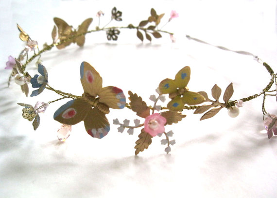 Hochzeit - Ella spring halo headband bride brass gold pearl crystal butterfly flower cinderella