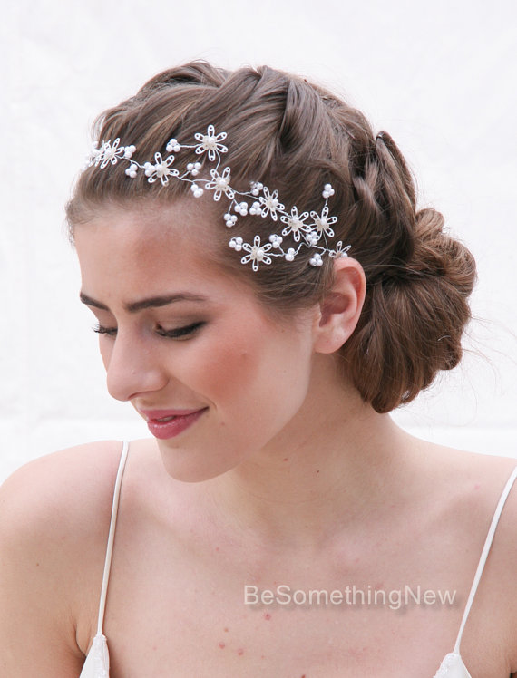 Hochzeit - Romantic Pearl and Rhinestone Wedding Hair Vine Beaded Wedding Headpiece Bohemian Bridal Hair Accessory, Pearl Headband