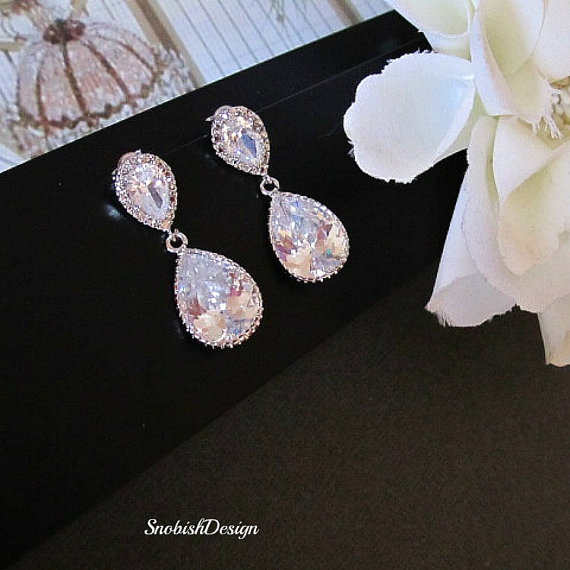 Mariage - Cubic Zirconia Bridal Earrings, Wedding Earrings, Crystal Earrings, Teardrop Earrings, Bride, Bridal Jewelry,