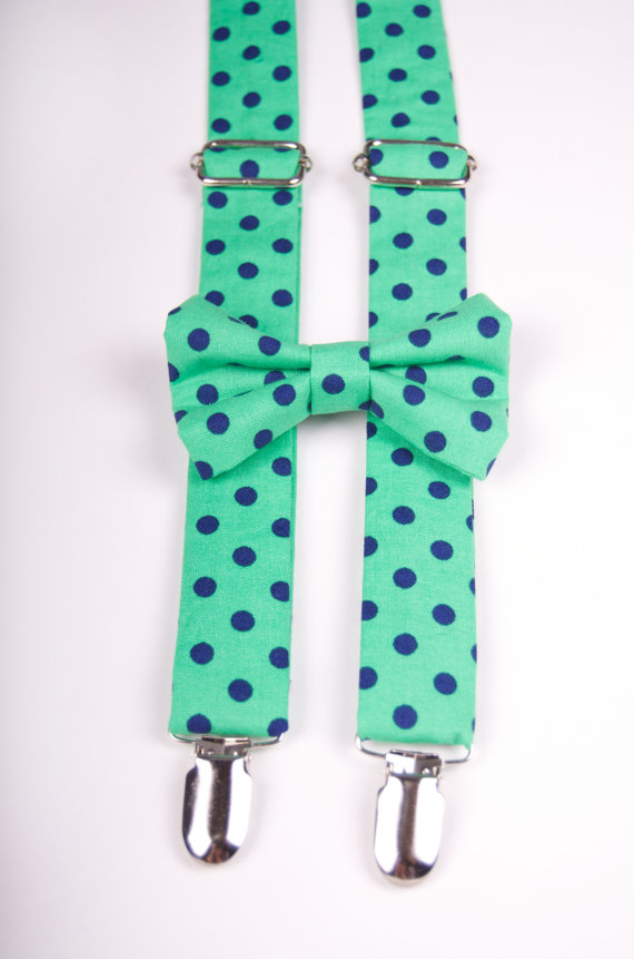 Wedding - Green and Navy Polka Dot Bow Tie & Suspenders Set - Kelly Green Navy Blue - Baby Toddler Child Boys -Wedding