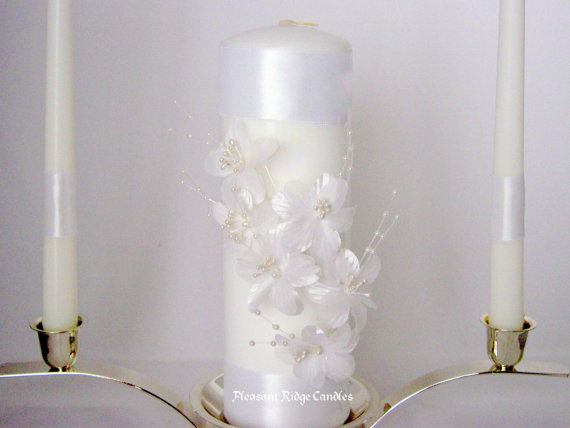 Mariage - White Unity Candle Pearl Unity Candle Formal Unity Candle Wedding Ceremony Wedding Candle Ivory Unity Candle Ribbon Color Choice