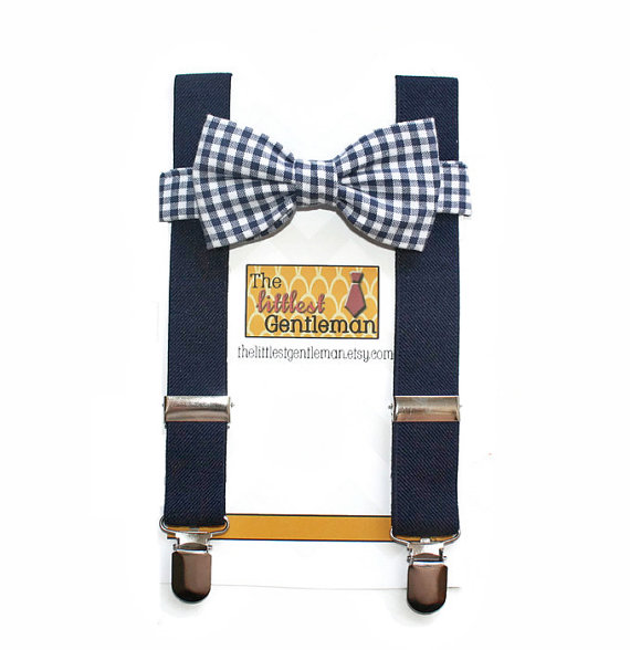 Hochzeit - boy bow tie suspenders set, navy gingham bow tie suspenders set, baby boy suspenders, Navy wedding bow tie suspenders set, ring bearer set