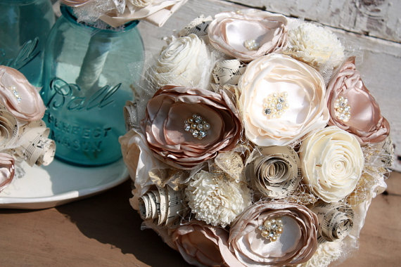 Свадьба - Cream, champagne and ivory bridal bouquet, 6" wedding bouquet, Sola wood blooms, sheet music and fabric flower bouquet