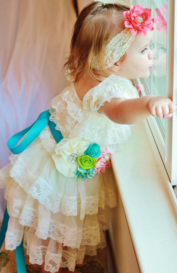Wedding - ivory lace baby dress with peach coral teal sash and headband,Flower girl dress,First 1st Birthday Dress,Vintage style,girs photo outfit