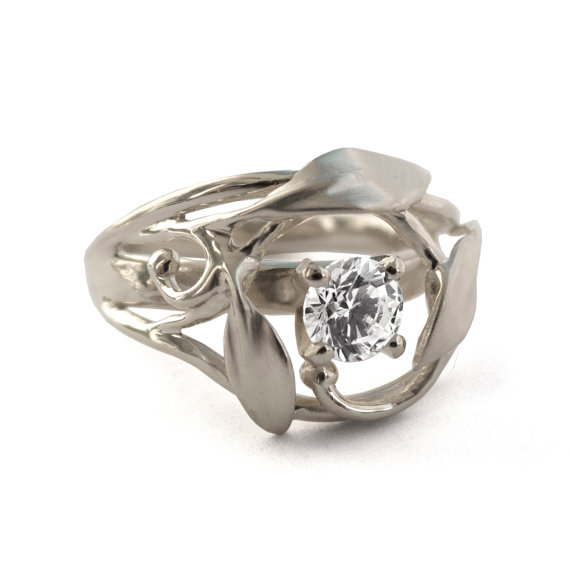 زفاف - Leaves Engagement Ring - 18K White Gold and Diamond engagement ring, engagement ring, leaf ring, filigree, antique,art nouveau,vintage