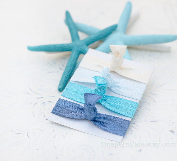 زفاف - Hair ties in Blue "l'ocean" colours- yoga hair accessories- no crease hair ties- gifts - wedding or party favour