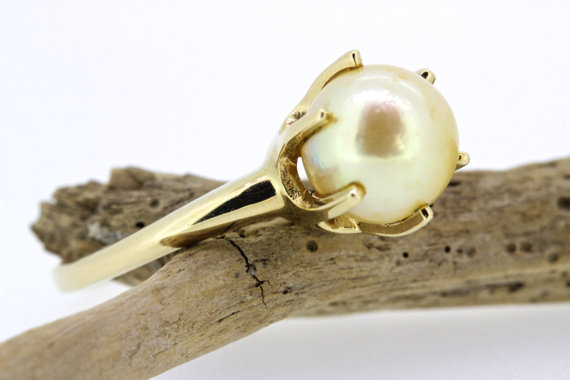 زفاف - SALE Pearl Engagement Ring Vintage Ring Solitaire Ring Wedding Ring Gemstone Ring Estate Ring 14k Yellow Gold Ring Promise Ring Size 8.25