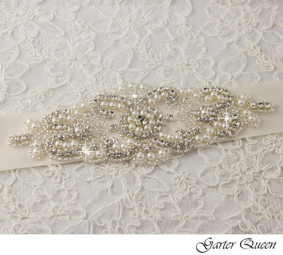 Свадьба - Wedding sash, Bridal belt , Bridal sash - satin ribbon with crystal and rhinestone beaded applique sash, custom color