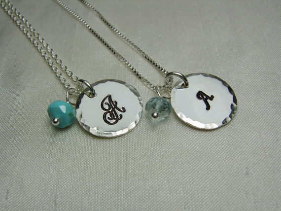 Hochzeit - Monogram Bridesmaid Necklace - Set of 4 - Personalized Birthstone Gemstone Bridesmaid Necklace - Wedding Party Jewelry