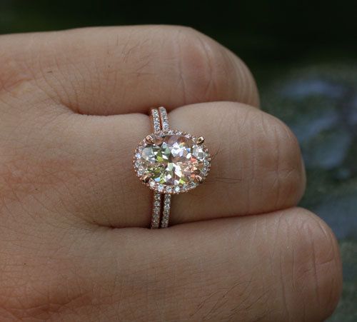 Mariage - Morganite Engagement Ring Diamond Wedding Ring Set In 14k Rose Gold, 9x7mm Pink Peach Morganite And Half Diamond Eternity Band