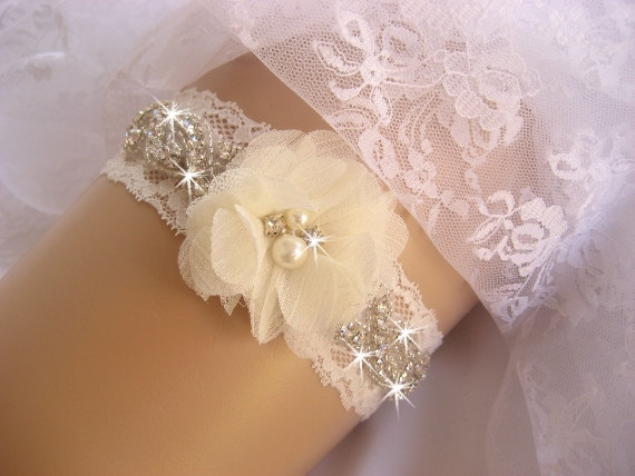 Hochzeit - Vintage Bridal Garter Wedding Garter Set Toss Garter  Ivory with Rhinestones and Pearls Garter Belt / Garder