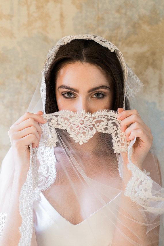 Wedding - Garland Mantilla Veil - Lace Mantilla Veil - Silver and Ivory Mantilla Veil- Bridal Veil - Wedding Veil