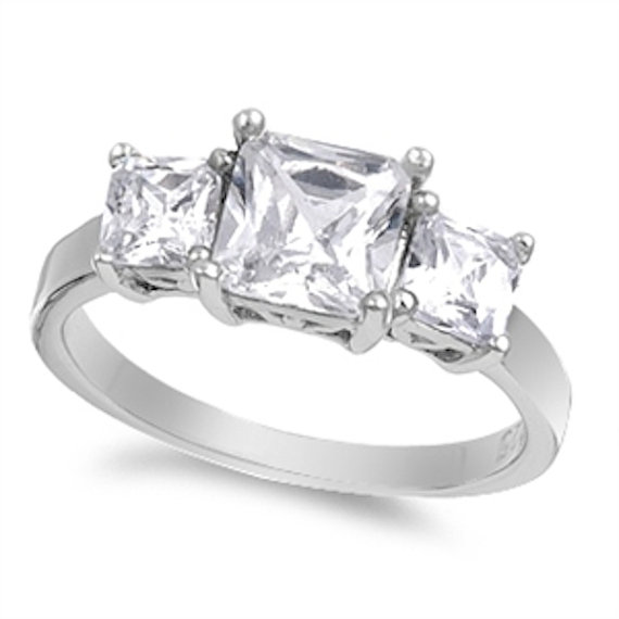 زفاف - 2.50 Carat Princess Cut Square Russian Ice Diamond CZ 925 Sterling Silver Three Stone Ring Wedding Engagement Anniversary Ring Gift