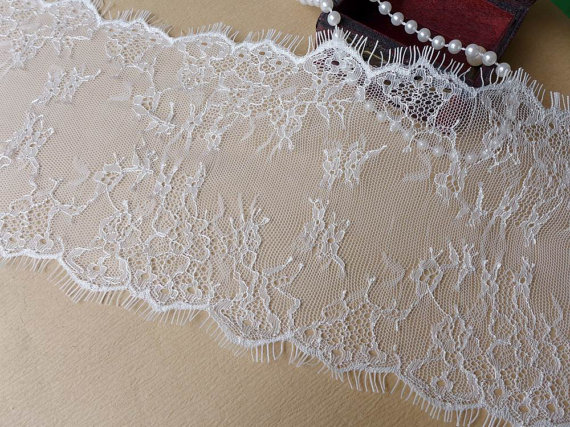 Hochzeit - White Wedding Lace Trim, Chantilly Lace Fabric, Bridal Shawl Lace, Lingerie, Altered Couture